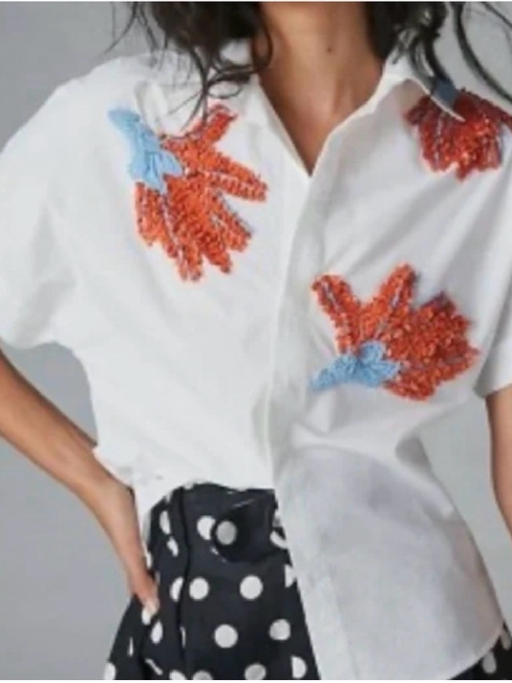 DRHUV KAPOOR White Button-Up Shirt with Orange & Light Blue Floral Embroidery